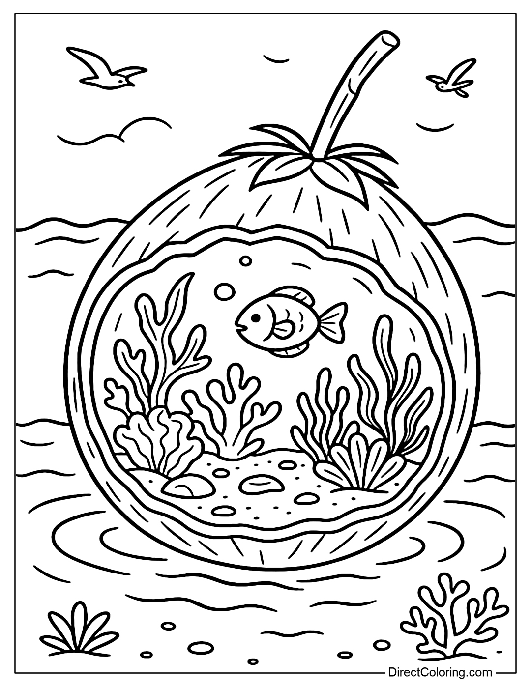 Coloring page of a coconut falling into the sea, inside there is a small coral world.